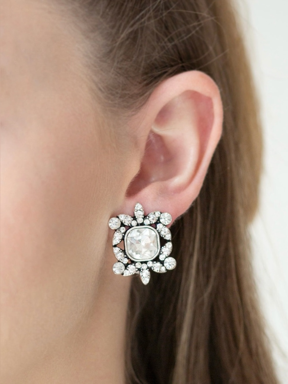 Paparazzi White Rhinestone Clip On Earrings Statement Square